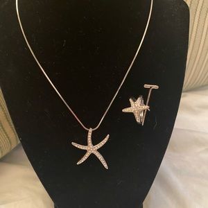 Starfish necklace and ring with silver tones